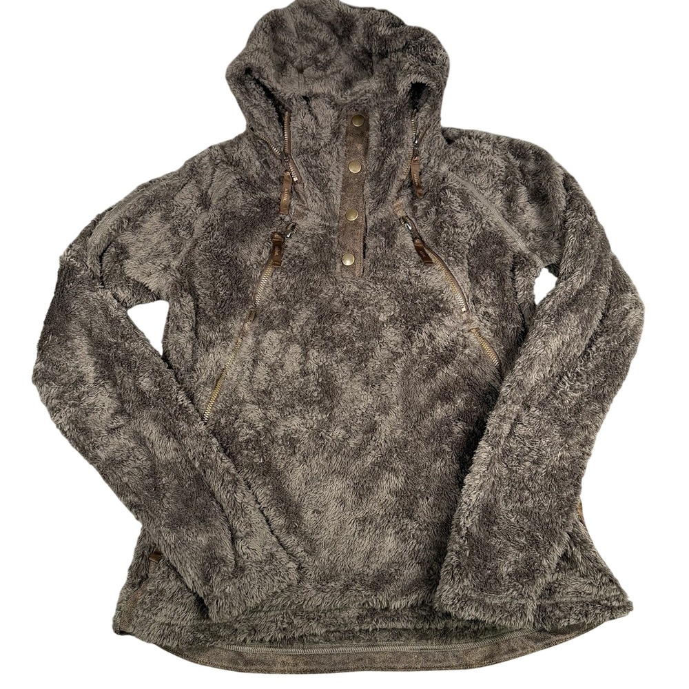 Kuhl Sherpa Fleece Hoodie Womens Brown Snap Pullover High Pile Cozy Jacket